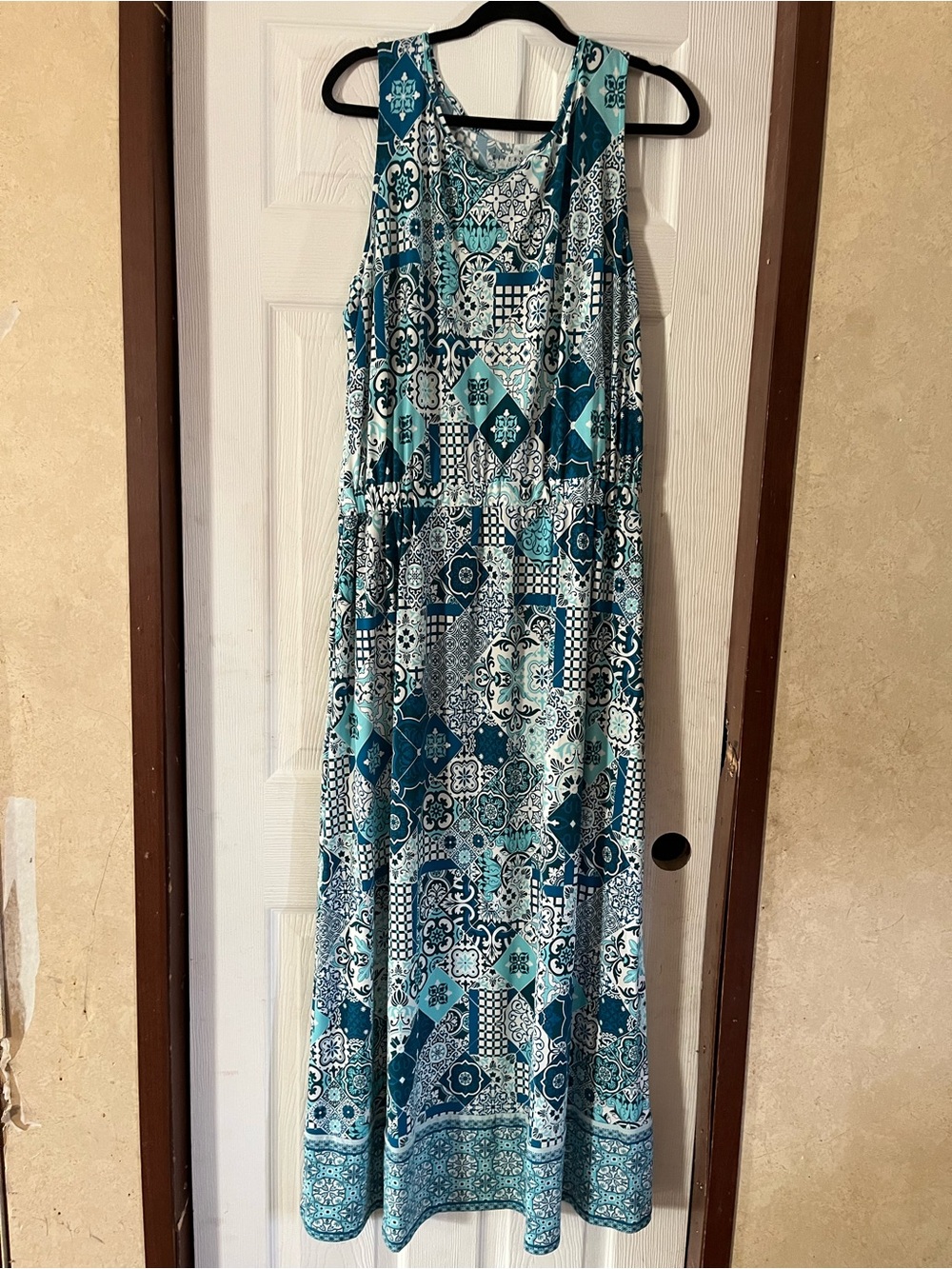 Joan Rivers Regular Luxe Knit Maxi Dress Teal Tile Patchwork Size L